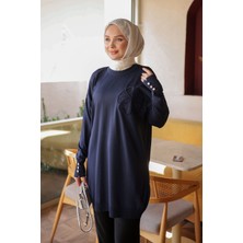 İmaj Butik Lacivert Çiçek Naıkşlı Soğuk Iplik Triko Tunik