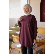 İmaj Butik Mürdüm Çiçek Naıkşlı Soğuk Iplik Triko Tunik