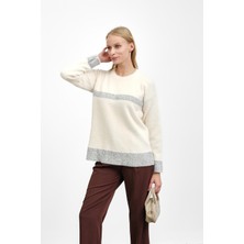 İmaj Butik Krem Bisiklet Yaka Çizgili Angora Yumoş Triko Kazak