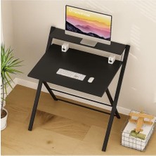 Kazan Hobi Siyah Metal Ayaklı Katlanır Laptop Masası, Raflı Çalışma Masası Sehpası