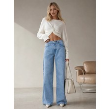Shevega Kadın Buz Mavi Ön Işlemeli Tam Kalıp Bol Paça Denim Kot Jeans Pantolon