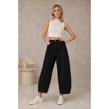 Shevega Siyah Yüksek Bel Kısa Paça Bol Paça Baggy Jean Kot Pantolon