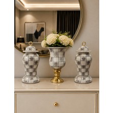 Feray Home Salon Seti - Gri Damalı Dekoratif Obje Çan Şah Küp Gold