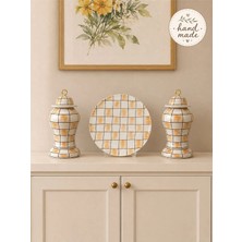 Feray Home Dekoratif Obje, Hand Made El Işi Salon Seti Şah Kapaklı Tabak Damalı Kahverengi Gold