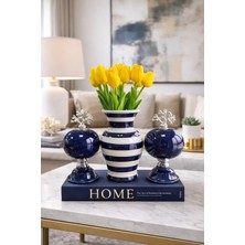 Feray Home Salon Seti - Lacivert 2'li Küre Zebra Vazo Gümüş