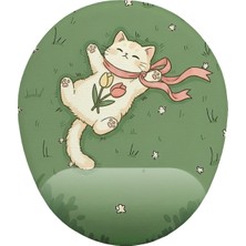 İyi Fikirler Çiçekli Uyuyan Kedi Desenli Bilek Destekli Mouse Pad Yeşil Kawaii Tasarım