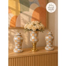 Feray Home Dekoratif Obje, Hand Made El Işi Salon Seti Şah Kapaklı Çan Ayaklı Damalı Kahverengi Gold