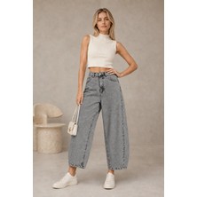 Shevega Füme Yüksek Bel Kısa Paça Bol Paça Baggy Jean Kot Pantolon