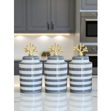 Feray Home Baharatlık - Seramik Kapaklı 3 Lü Gri Klasik Zebra Gold