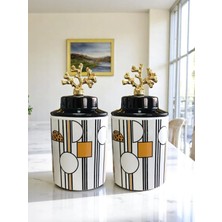 Feray Home Dekoratif - 2'li Seramik Kapaklı Geometrik Silindir Gold