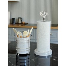 Feray Home Kaşıklık - Kağıt Havluluk 2'li Set Beyaz Mermer Gümüş