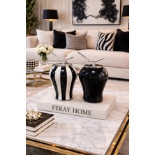 Feray Home Dekoratif - 2'li Siyah Dik Çizgi Şah Siyah Şah Gümüş