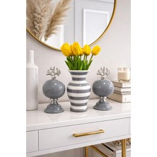 Feray Home Salon Seti - Gri 2'li Küre Gri Zebra Vazo Gümüş