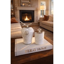 Feray Home Dekoratif - Beyaz Mermer Şah Beyaz Mermer Silindir Gümüş