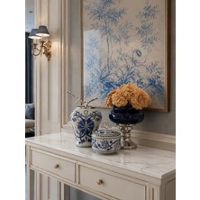 Feray Home Dekoratif - Salon Seti Lacivert Mavi Çiçekli Gümüş