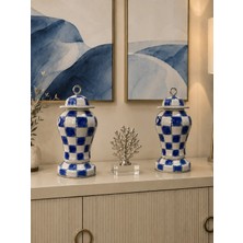 Feray Home Dekoratif Obje - Kaideli 2li Şah Küp Lacivert Damalı Gümüş