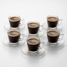 Kazan Hobi 6'lı Çizgili Desenli Şeffaf Cam Kahve Fincanı ve Tabağı Seti, 8 cm Espresso Türk Kahvesi Sunum Seti