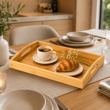 Kazan Hobi %100 Doğal Bambu Servis Tepsisi 33 x 22 Cm, Kulplu Kahvaltı, Çay ve Kahve Sunum Tepsisi, Hafif ve Dayanıklı Çok Amaçlı Bambu Tepsi