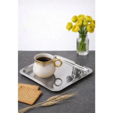 Kazan Hobi Kare Paslanmaz Çelik Kahve Sunum Tepsisi ve Tabağı, 21X21 Cm, 6 Adet, Gümüş