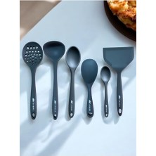 Kazan Hobi Isıya Dayanıklı Silikon Kevgir, Kepçe, Kaşık ve Spatula Seti, 6 Parça, Gri