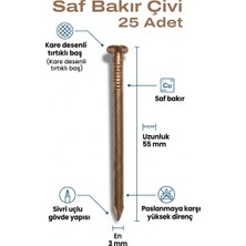 Azimli 3X55 mm Bakır Çivi 25 Adet Kare Desenli Tırtıklı Baş Paslanmaz Sivri Uç