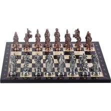 Kazan Hobi Büyük Boy Metal Osmanlı Bizans Satranç Takımı Antik ve Ceviz Desenli Mdf Ahşap Satranç Tahtası (37X37 Cm.)