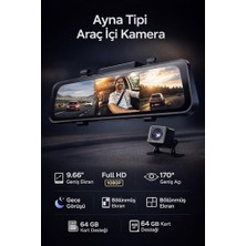 Kazan Hobi 4K 9.66" Dokunmatik Aynalı Araç Kamerası, Tam Ekran Gece Görüş, Çift Kamera, Apple & Android Uyumlu