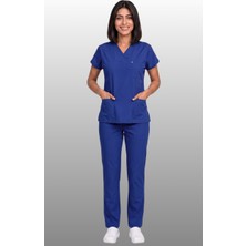 Kadın V Yaka Yarasa Kol Terycotton Turkuaz, Saks, Gece Mavisi, Patlıcan Moru Hemşire Scrubs Takım
