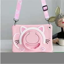 Kazan Hobi Covpor Samsung Galaxy Tab A11 Plus / A9 Plus (11 Inç) ile Uyumlu Standlı Askılı Karakterli Çocuk Kılıfı Kedi Pembe