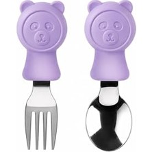 Kazan Hobi 304 Çelik Panda Bebek Kaşık Çatal Seti, Bpa Içermez, Ergonomik, Kaymaz, Mor
