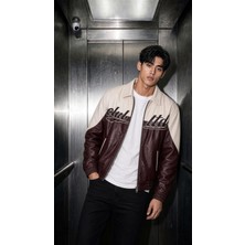 Oksit Club Ltd Nakış Detaylı Vintage Colorblock Gömlek Yaka Deri Bomber Ceket