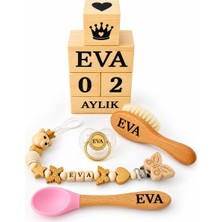 Shopfocus Kişiye Özel Isimli-Emzik 0-6 Aylık-Emzik Askısı Zinciri-Bebek Saç Fırçası Keçi Kılı-Çocuk Mama Kaşığı-Anı Küpü-Full Ahşap Olup Organik Doğal Set-Hediyelik-Yeni Doğan-Doğum Hediyesi-Anne Bebek