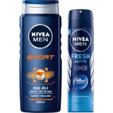 Kazan Hobi Erkek Sprey Deodorant Fresh Active 48 Saat Deodorant Koruması 150 ml ve Sports Duş Jeli 3ü 1 Arada Kullanım, Vücut, Yüz ve Saç, 24 Saat Ferahlık 500 ml