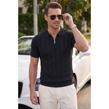RizzUP Erkek Fermuarlı Polo Yaka Çizgi Dokulu Siyah Triko Tişört Regular Fit Yumuşak Dokulu 2608007
