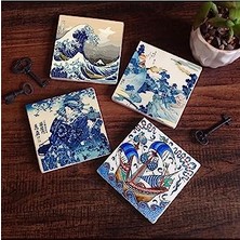 Kazan Hobi Japon Sanatı; Fuji Dağı, Büyük Dalga, Çini Sanatı Yelkenli Gemi Taş Bardak Altlığı Seti, 4 Parça, Dekoratif, Rustik, 10X10 Cm, Kaydırmaz Tabanlı, ve Dayanıklı SC445