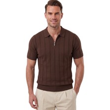 RizzUP Erkek Fermuarlı Polo Yaka Çizgi Dokulu Kahve Triko Tişört Regular Fit Yumuşak Dokulu 2608007