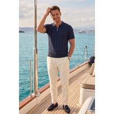 RizzUP Erkek Fermuarlı Polo Yaka Çizgi Dokulu Lacivert Triko Tişört Regular Fit Yumuşak Dokulu 2608007