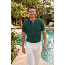 RizzUP Erkek Fermuarlı Polo Yaka Çizgi Dokulu Yeşil Triko Tişört Regular Fit Yumuşak Dokulu 2608007