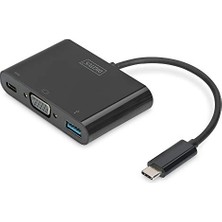Kazan Hobi USB Tip C Çoklu Bağlantı Grafik Adaptörü, USB Type-C VGA + USB A 3.0 + USB C, Şarj Fonksiyonlu, Full Hd 60Hz, Plastik, Siyah