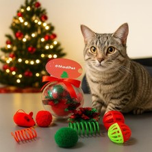 Kazan Hobi Yılbaşı Temalı Kedi Oyuncak Seti, 8 Parça, Zilli ve Hışır Tılı Toplar, Yaylı ve Plastik Oyuncaklar