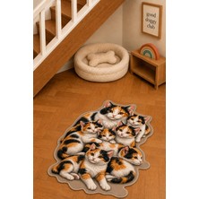 Zng Design Home Calico (Patiska) Çok Renkli Kedi Figürlü Dijital Baskı Makine Halısı, Kaymaz ve Yıkanabilir