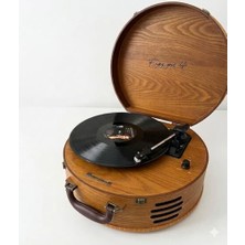 Kazan Hobi Extra Retro Çanta Tipi Yuvarlak Pikap – Dahili Hoparlörlü, Bluetooth Bağlantılı Taşınabilir Plak Çalar – Vintage Ahşap Gövde, Iğne & Kol Upgrade, Deri Saplı Nostaljik Pikap
