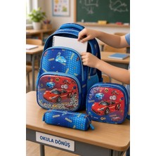 Dodomar Kırmızı Araba Ilkokul Çantası Beslenme Çantası Kalemlik Kabartmalı 3'lü Set 40 x 28 x 15 cm