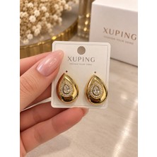 İdilce Xuping Gold Renk Damla Küpe Taşlı Zirkon Detaylı Şık Kadın Küpe