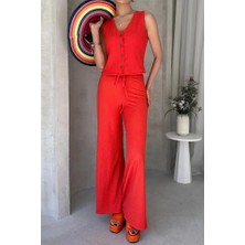 Nido Moda Yeni Sezon Kadın Yüksek Bel Rahat Pantolonlu Kolsuz Yelekli Takım