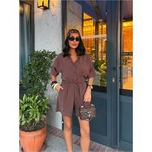 Nido Moda Kadın Cepli Oversize Gömlek ve Beli Bağcıklı Şort Ikili Takım