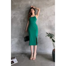 Nido Moda Kadın Ip Askılı Yırtmaçlı Midi Dalgıç Elbise