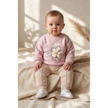 Hoppa Flora Bloom 3D Papatya Detaylı Pudra Gül Kurusu Sweatshirt ve Fitilli Bej Pantolon Bebek Alt Üst Ta