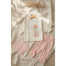 Hoppa Flora Dream %100 Pamuklu Çiçek Nakışlı 3'lü Bebek Takımı - Ekru ve Pudra Pembe - Yenidoğan Hastane