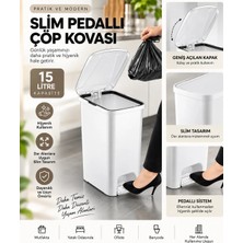 Slim Pedallı Banyo Mutfak Çöp Kovası - 15 Litre - Beyaz